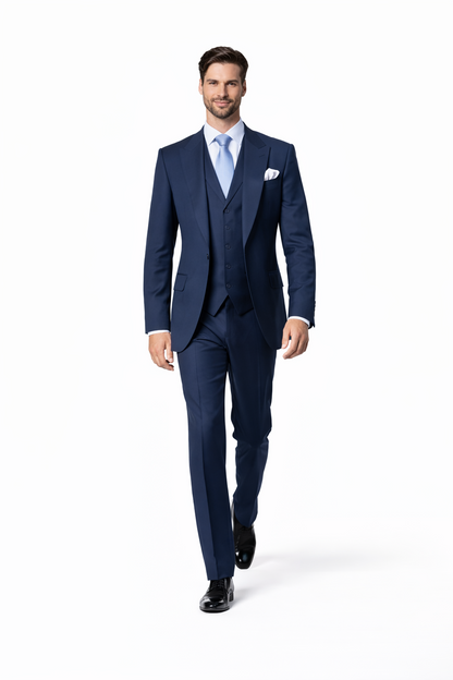 Suits With Baggy Pleated Pants - Wide Leg Pants 100% Wool - Classic Fit in Navy Single Breast Lapel by Rossiman