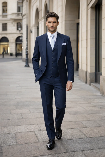 Suits With Baggy Pleated Pants - Wide Leg Pants 100% Wool - Classic Fit in Navy Single Breast Lapel by Rossiman