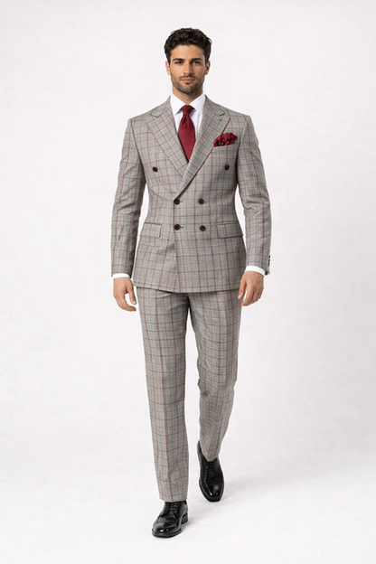 Suits With Baggy Pleated Pants - Wide Leg Pants 100% Wool - Classic Fit in Color Grey with Red Plaid by Rossiman