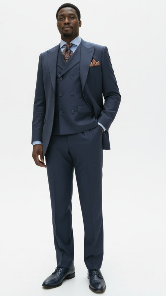 Mens Suit With Pleated Pants - Semi Wide Leg 100% Wool Super 150's Big Peak Lapel Classic Fit Athletic Cut With Double breasted Vest in Dusty Blue