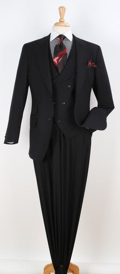 Mens Black Suit With Pleated Pants - Semi Wide Leg 100% Wool Super 150's Big Peak Lapel Classic Fit Athletic Cut With Double breasted Vest