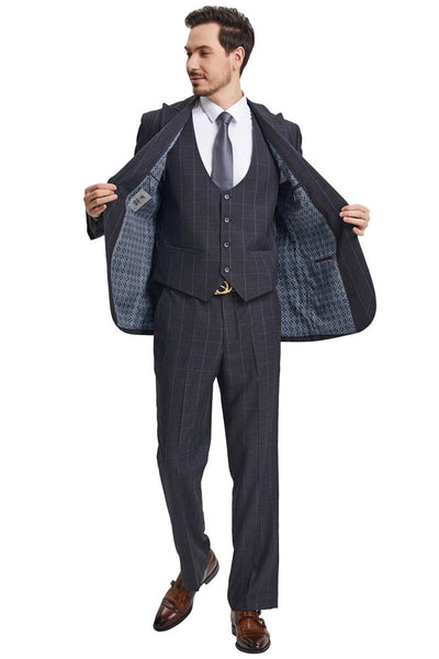 Men's Stacy Adams Peak Lapel Charcoal Grey Windowpane Plaid Suit with a Scoop Neck Vest 3 SM172H1-21-38R  - from alligatorwarehouse.com
