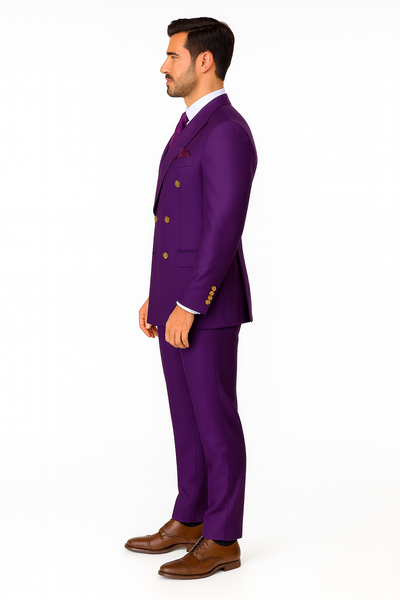 Mens Designer Modern Fit Double Breasted Wool Suit with Gold Buttons in Purple 8 AZ-4189  - from alligatorwarehouse.com