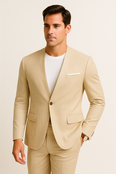 Tan Linen Suit For Summer - Collarless Blazer and Pants Collarless Lapel - No Lapel Casual! 2   - from alligatorwarehouse.com