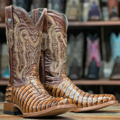 Men's Hudson Print Caiman Tail Square Toe Boots Cognac
