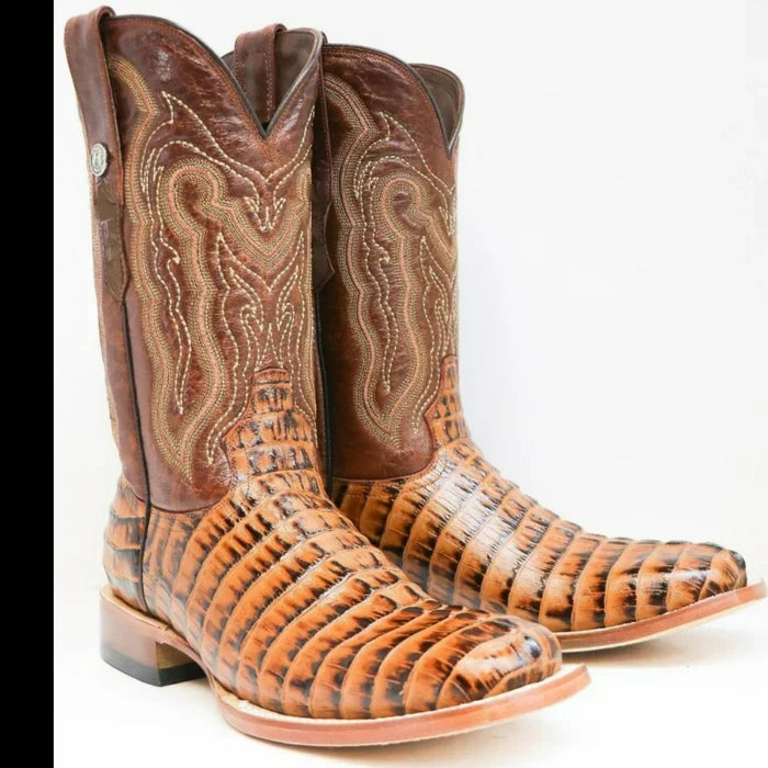 Men's Hudson Print Caiman Tail Square Toe Boots Cognac