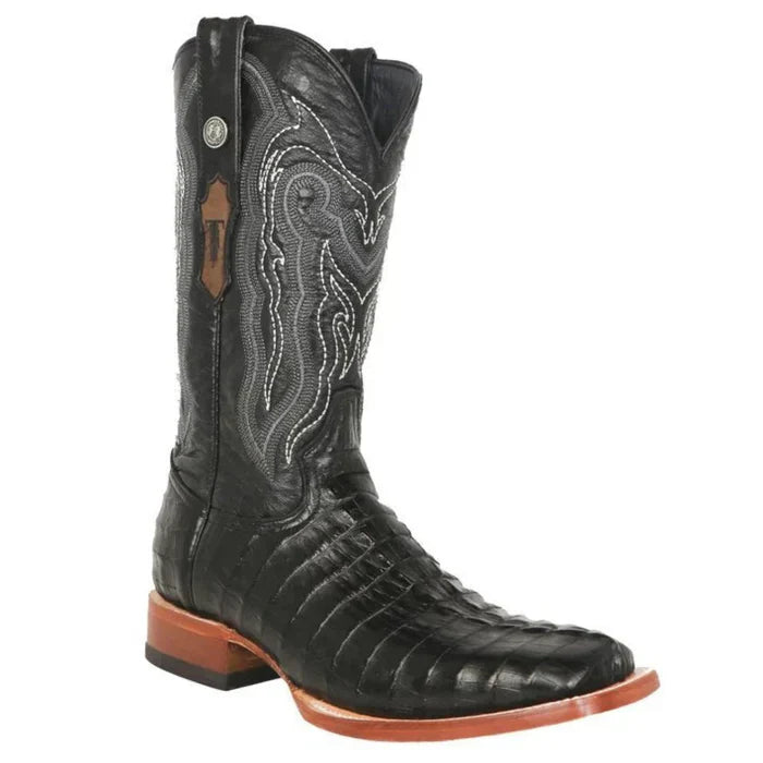 Men's Lufkin Print Caiman Tail Square Toe Boots Black 1   - from alligatorwarehouse.com
