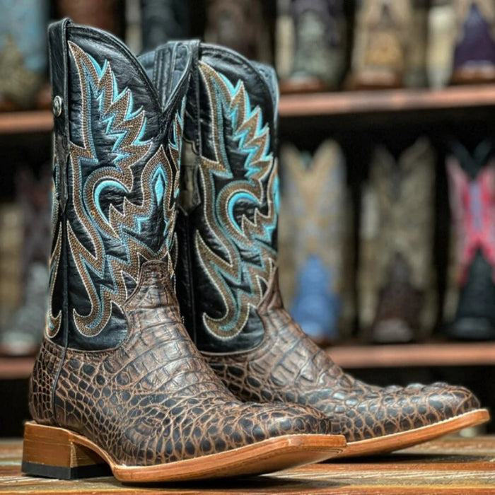 Tanner Mark Men's Hudson Print Caiman Tail Square Toe Boots Cognac