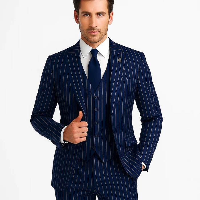 Men's Dark Navy Blue ~ White Mars Vested Peak Lapel Gangster Bold PinStripe Suit