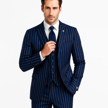 Men's Dark Navy Blue ~ White Mars Vested Peak Lapel Gangster Bold PinStripe Suit