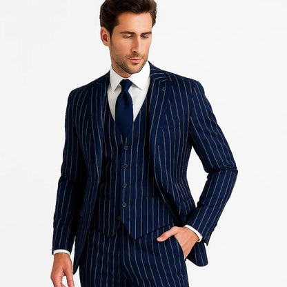 Men's Dark Navy Blue ~ White Mars Vested Peak Lapel Gangster Bold PinStripe Suit