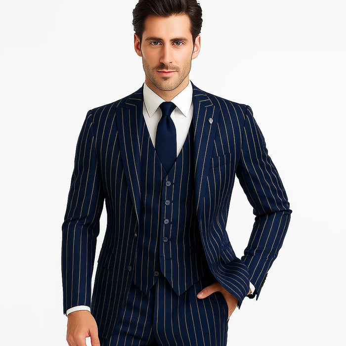 Men's Dark Navy Blue ~ White Mars Vested Peak Lapel Gangster Bold PinStripe Suit