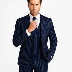 Men's Dark Navy Blue ~ White Mars Vested Peak Lapel Gangster Bold PinStripe Suit