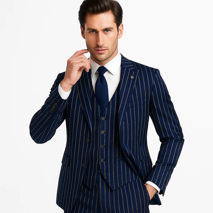 Men's Dark Navy Blue ~ White Mars Vested Peak Lapel Gangster Bold PinStripe Suit