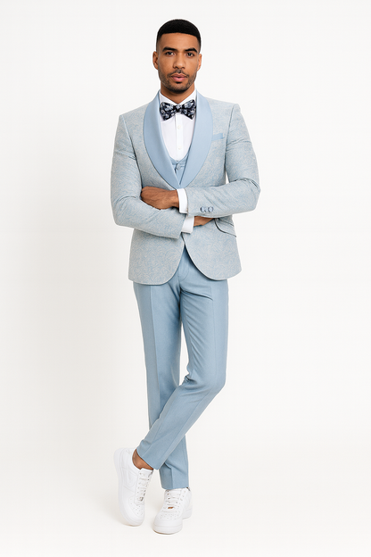 2024 Prom Special Blue Tuxedo Suit w/ Double-Breasted Vest by Tazzio