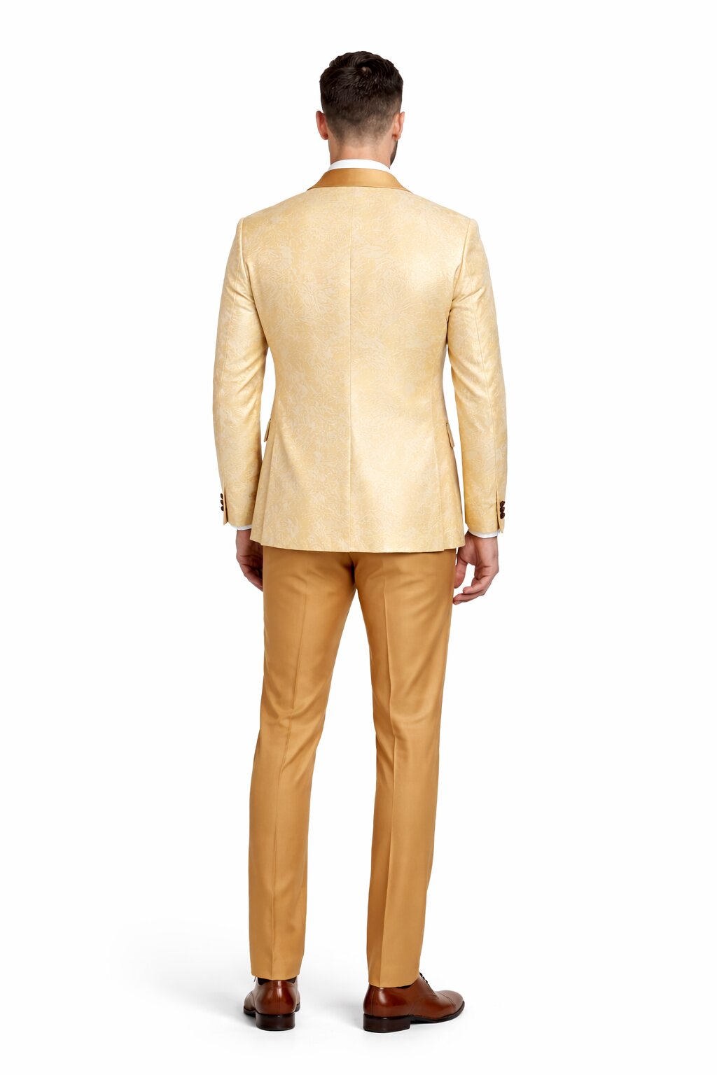 Gold Paisley 3-Piece Skinny Fit Suit – Wide Shawl Lapel with Matching Bow Tie