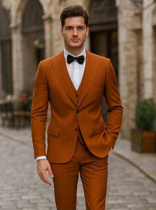 Tazzio Terracotta Orange Skinny Fit Pinstriped Suit for Men – Stylish Modern Suit
