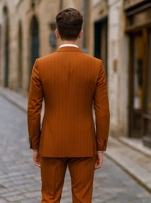 Tazzio Terracotta Orange Skinny Fit Pinstriped Suit for Men – Stylish Modern Suit