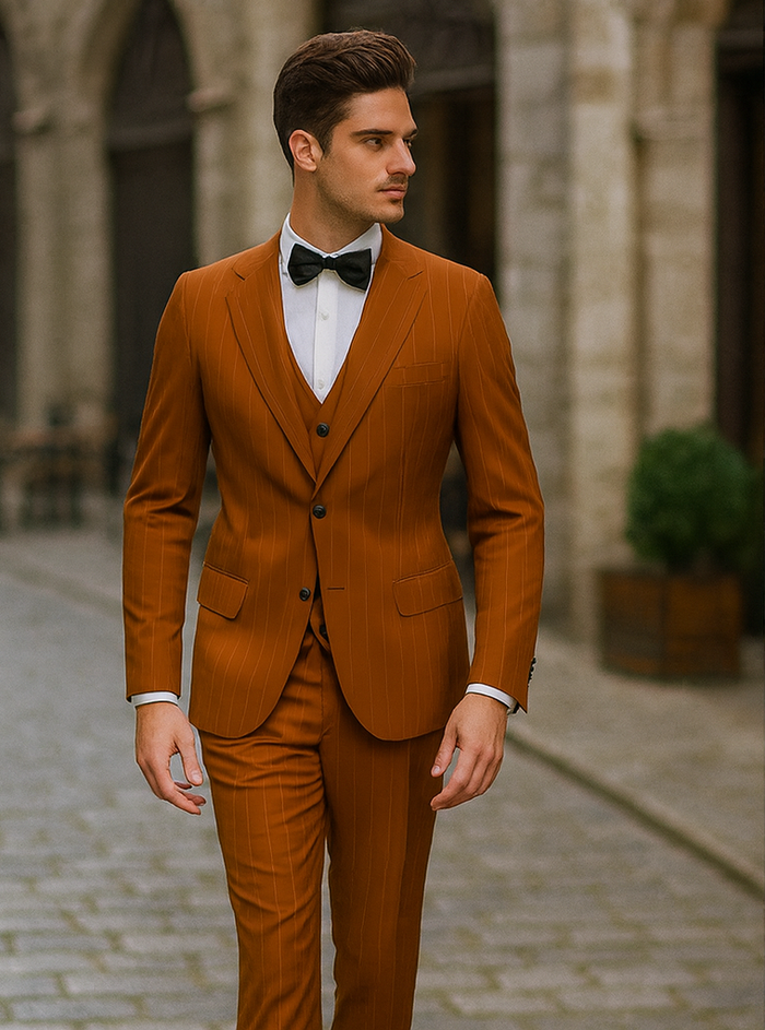 Tazzio Terracotta Orange Skinny Fit Pinstriped Suit for Men – Stylish Modern Suit