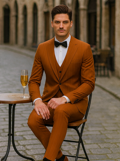 Tazzio Terracotta Orange Skinny Fit Pinstriped Suit for Men – Stylish Modern Suit 4   - from alligatorwarehouse.com