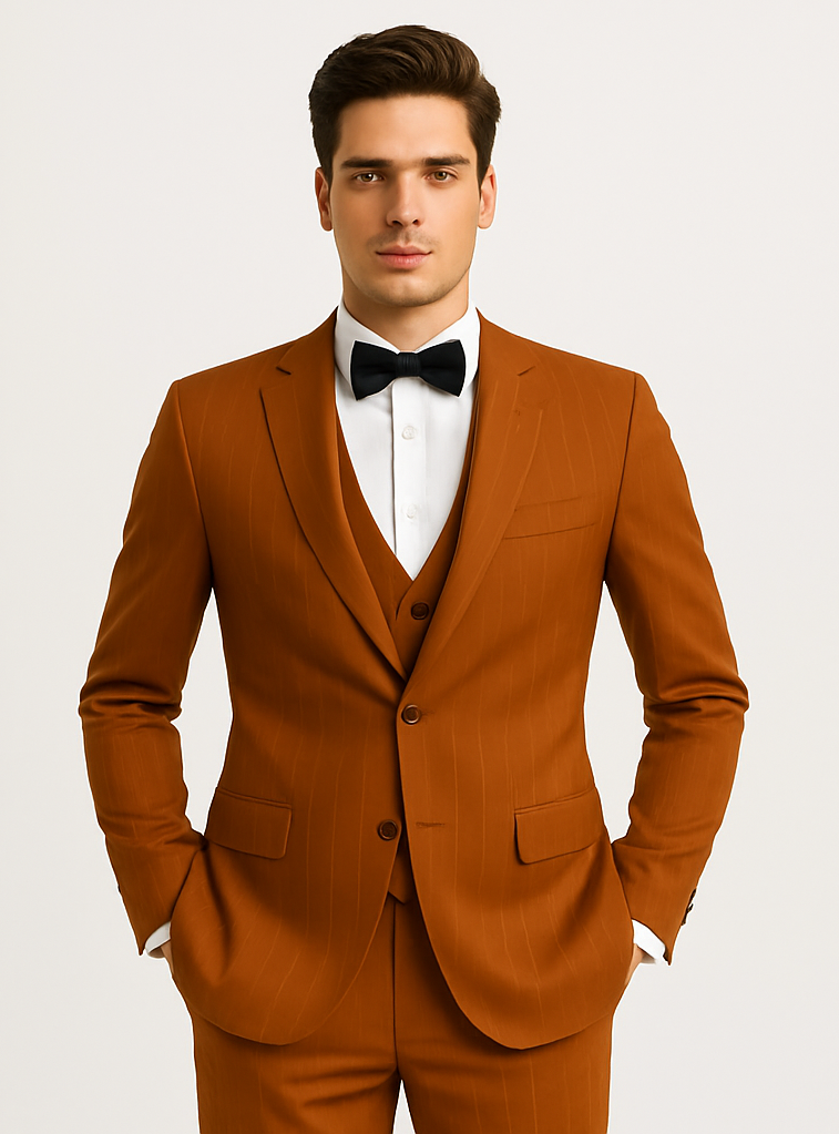 Tazzio Terracotta Orange Skinny Fit Pinstriped Suit for Men – Stylish Modern Suit