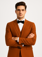 Tazzio Terracotta Orange Skinny Fit Pinstriped Suit for Men – Stylish Modern Suit