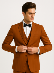Tazzio Terracotta Orange Skinny Fit Pinstriped Suit for Men – Stylish Modern Suit