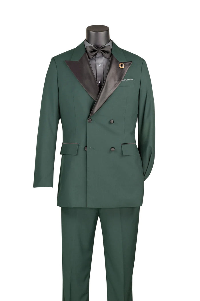 Mens Regular Fit Double Breasted Tuxedo with Satin Lapel and Bow Tie - Hunter Green
