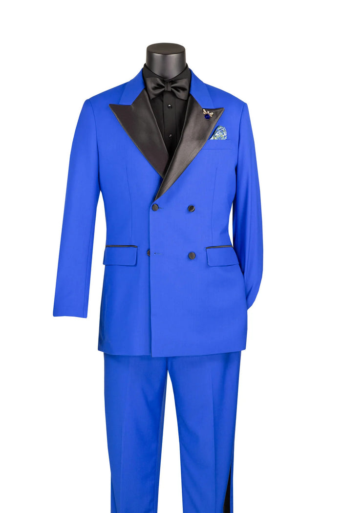 Mens Regular Fit Double Breasted Tuxedo with Satin Lapel and Bow Tie - Royal Blue