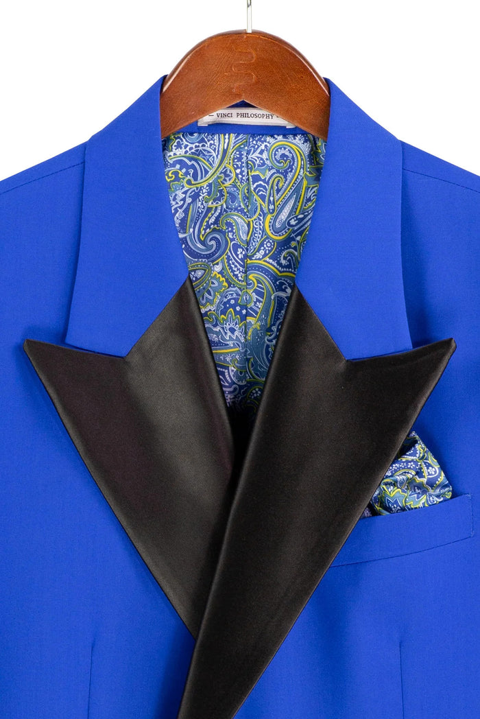 Mens Regular Fit Double Breasted Tuxedo with Satin Lapel and Bow Tie - Royal Blue