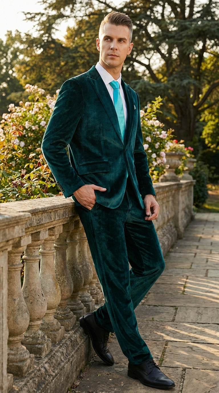 Mens Emerald Green Teal Blue Velvet Suit – Luxury Two Piece Formal Evening Suit
