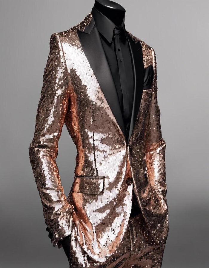 Men's Rose Gold Sequin Tuxedo Suit with Black Satin Lapel ƒ?? Luxury Slim Fit Blazer for Parties and Events