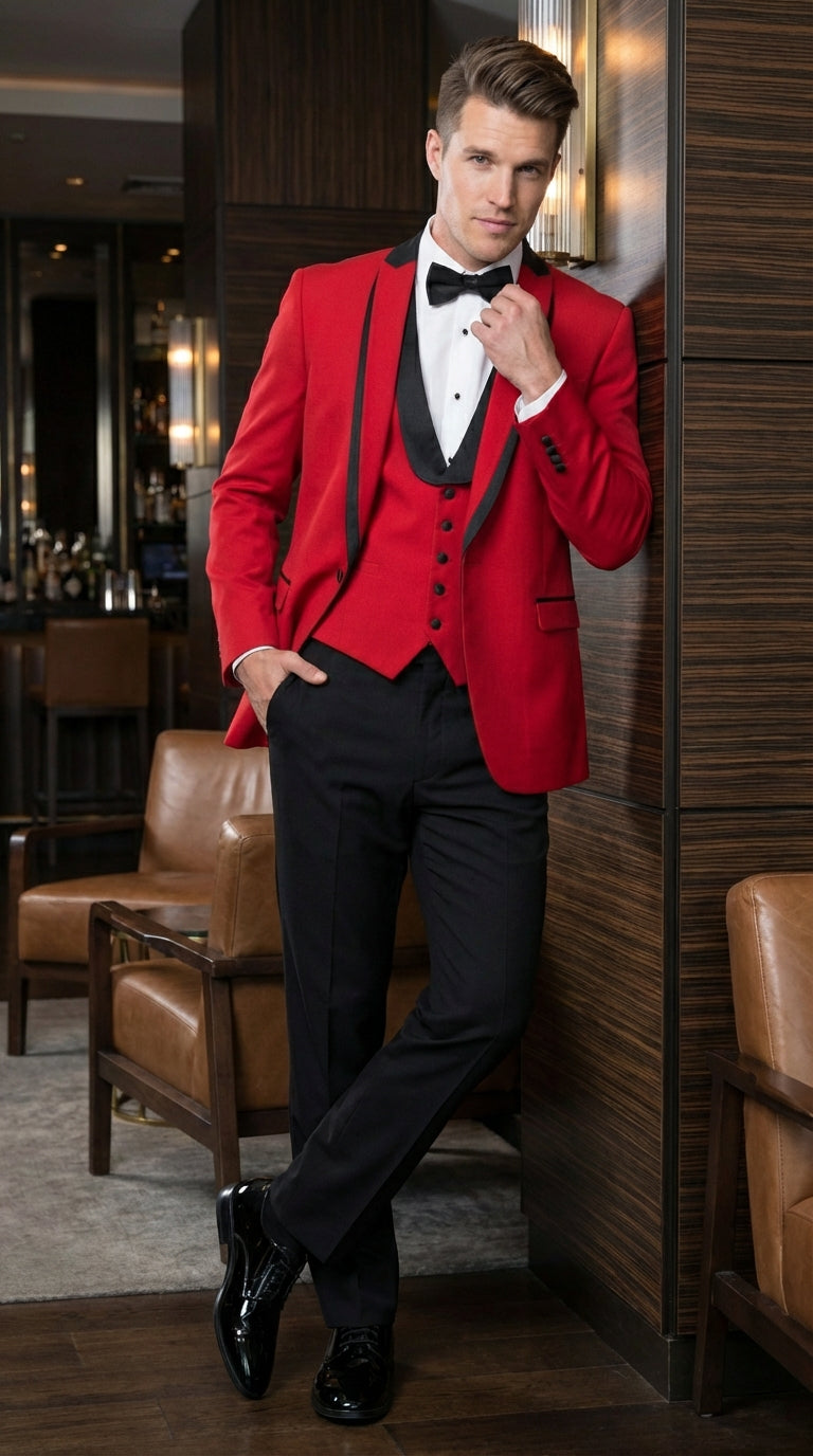 Mens Red and Black Tuxedo – Three Piece Formal Suit with Satin Shawl Lapel for Wedding and Prom