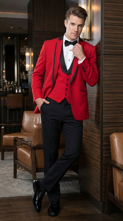 Mens Red and Black Tuxedo – Three Piece Formal Suit with Satin Shawl Lapel for Wedding and Prom