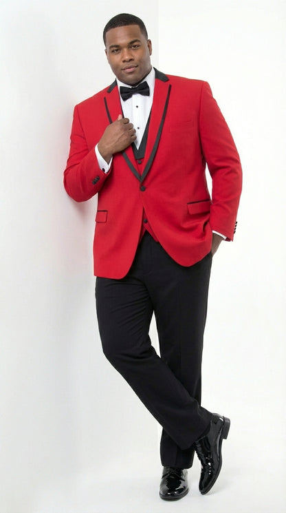 Mens Red and Black Tuxedo – Three Piece Formal Suit with Satin Shawl Lapel for Wedding and Prom
