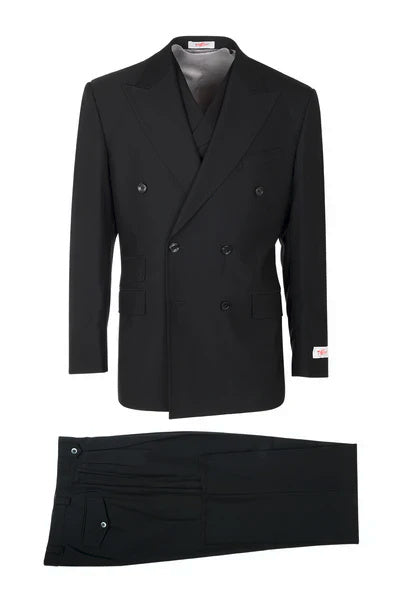 Tiglio Rosso Brand - Classic Suit Fit Pleated Pants Athletic Cut Real Wool Fabric Suit Peak Lapel in Color Black Semi Wide leg Slack