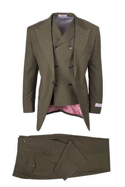 Tiglio Rosso Brand - Classic Suit Fit Pleated Pants Athletic Cut Real Wool Fabric Suit Peak Lapel in Color Olive Semi Wide leg Slack