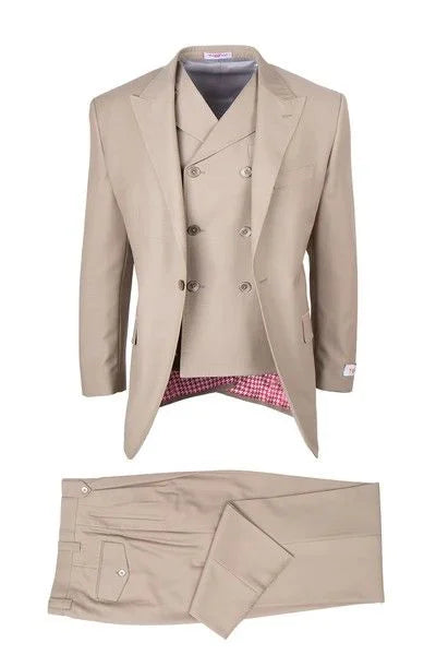 Tiglio Rosso Men’s Tan 3-Piece Italian Wool Suit – Classic Fit Peak Lapel Suit with Double-Breasted Vest and Pleated Wide-Leg Pants