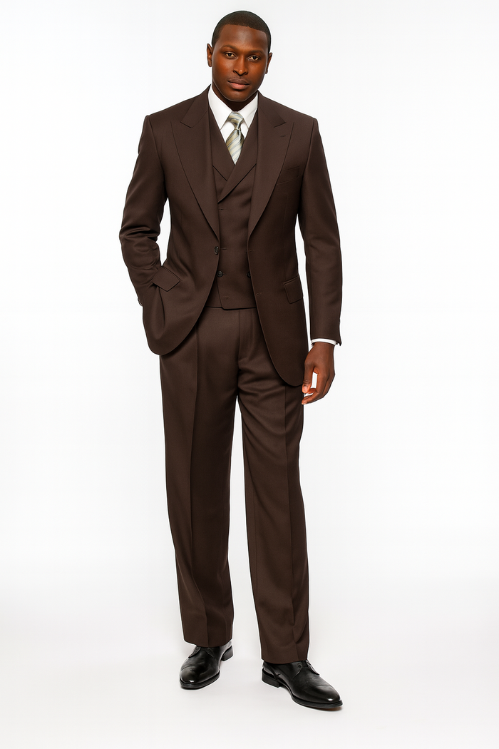Tiglio Rosso Men’s Choclate Brown 3 Piece Suit –Double Breasted Vest with Classic 100% Wool Super 150's Fabric - Pleated Pants