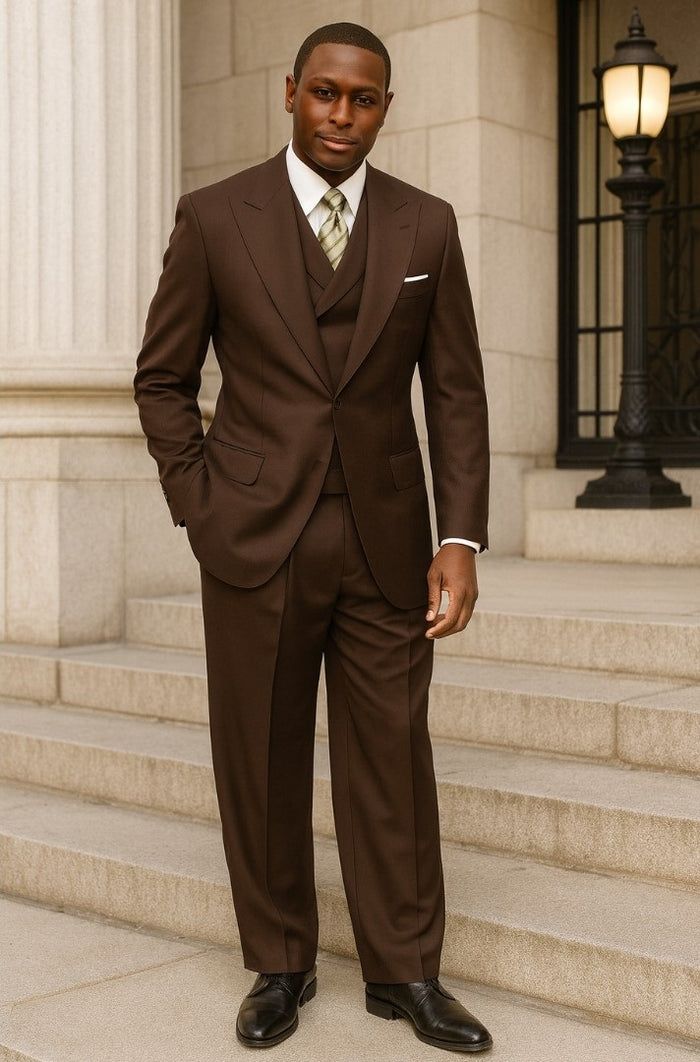 Tiglio Rosso Men’s Choclate Brown 3 Piece Suit –Double Breasted Vest with Classic 100% Wool Super 150's Fabric - Pleated Pants