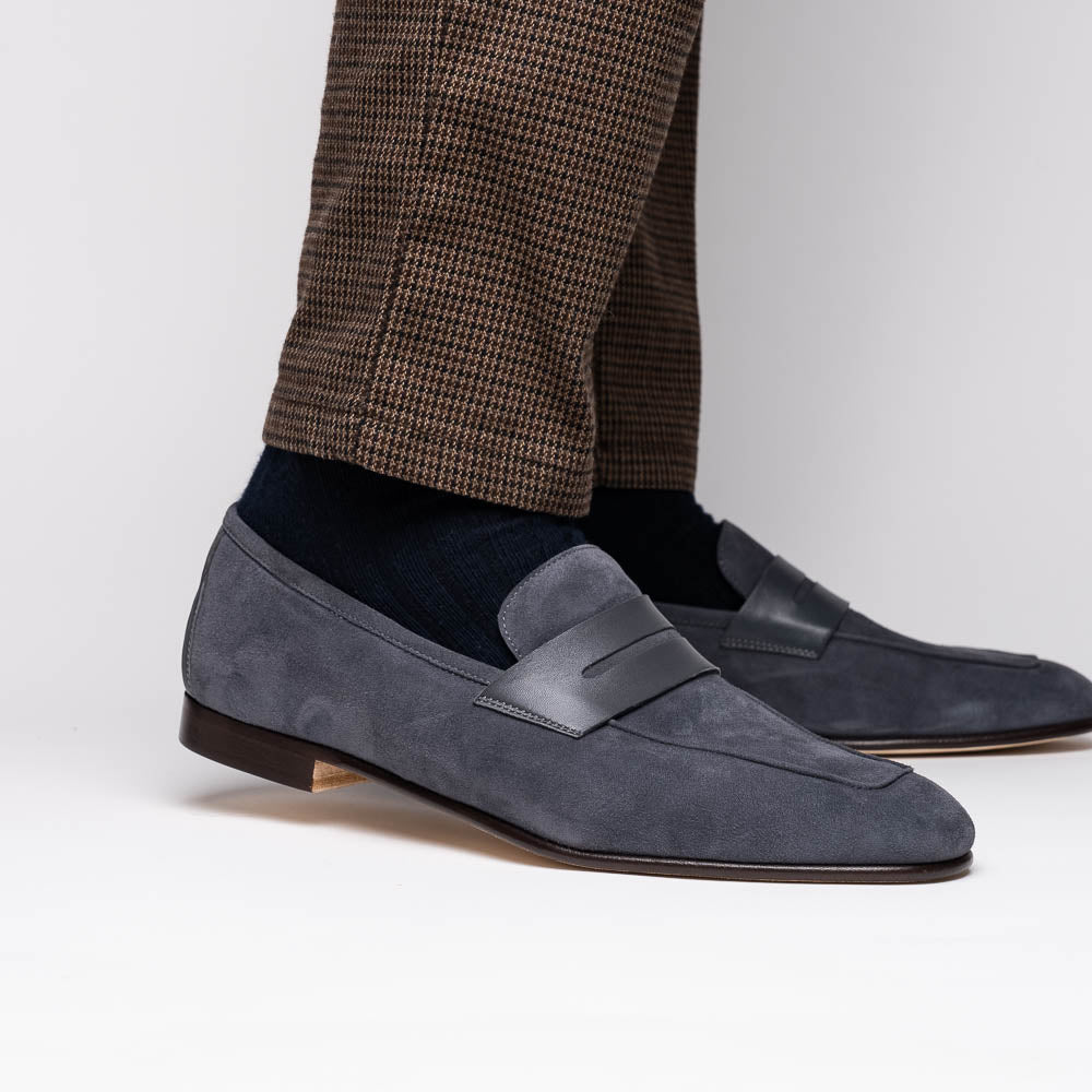 Zelli Tippa Suede and Calfskin Penny Loafers in Grey