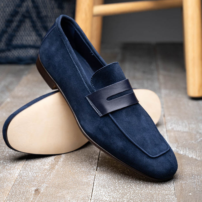 Zelli Tippa Suede and Calfskin Slip-On Penny Loafers in Navy