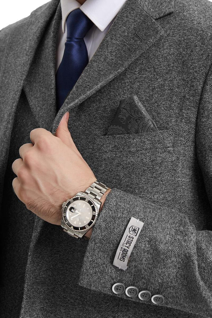 Men's Stacy Adams Vested Vintage Herringbone Tweed Suit in Grey