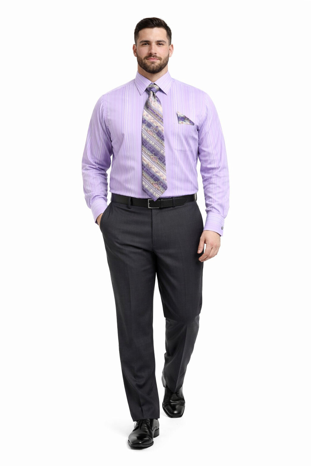 Men's Tonal Stripe French Cuff Dress Shirt, Tie & Hanky Set in Lavender