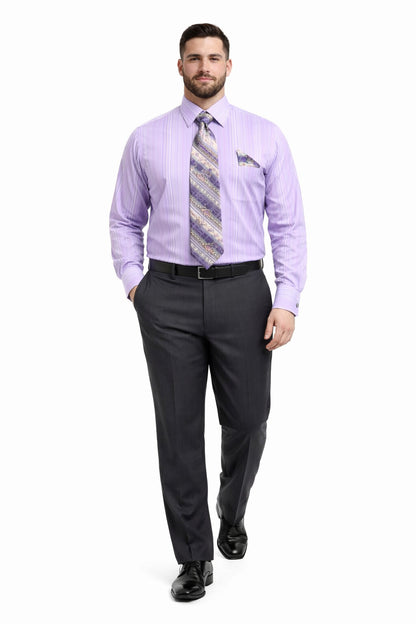 Men's Tonal Stripe French Cuff Dress Shirt, Tie & Hanky Set in Lavender