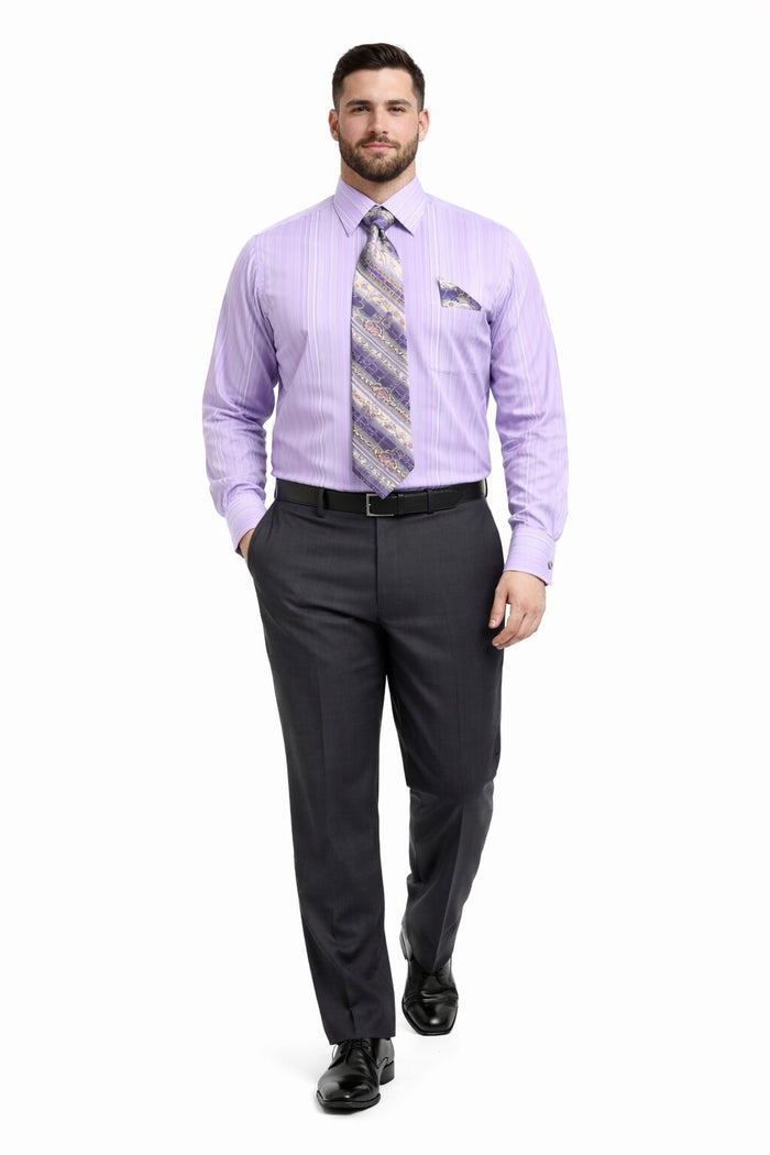 Men's Tonal Stripe French Cuff Dress Shirt, Tie & Hanky Set in Lavender