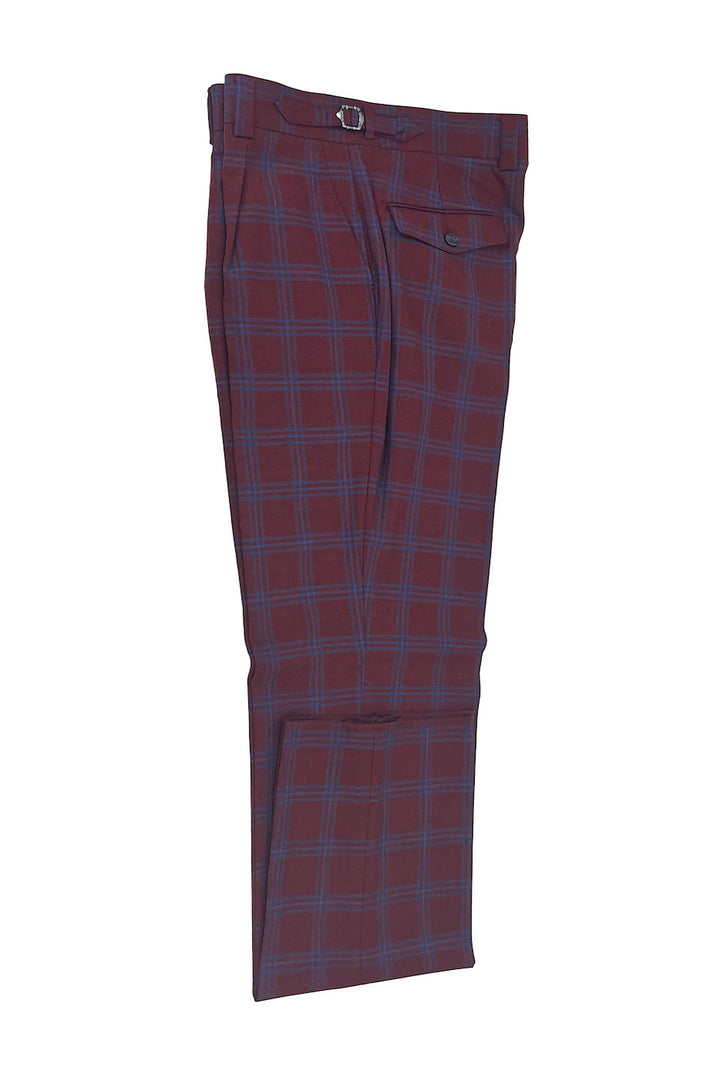Tiglio Luxe Bordeaux Red with Blue Windowpane Semi-Wide Leg Wool Marbella Dress Pants TL3305 1   - from alligatorwarehouse.com