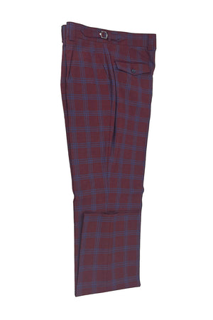 Tiglio Luxe Bordeaux Red with Blue Windowpane Semi-Wide Leg Wool Marbella Dress Pants TL3305