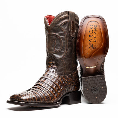Marco Di Milano Tuscon Aged Brown Caiman Crocodile Square Toe Cowboy Boots 1   - from alligatorwarehouse.com