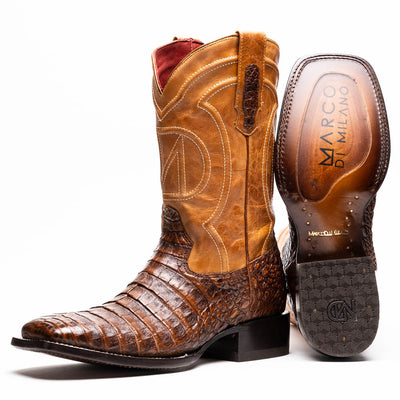 Marco Di Milano Tuscon Aged Maple Caiman Crocodile Square Toe Cowboy Boots 1   - from alligatorwarehouse.com